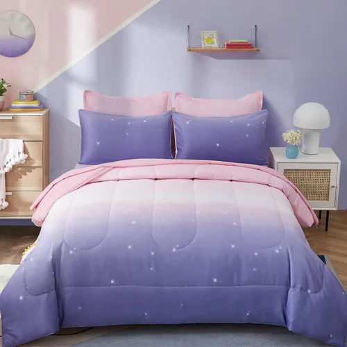 Vista 11 de Dinjoy Juego de edredón de 6 piezas para niñas, juego de ropa de cama colorido de arcoíris degradado tamaño individual, cama en una bolsa para niños
