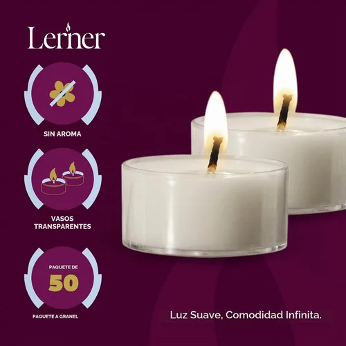 Vista 6 de Lerner - Velas de té en tazas transparentes, 50 unidades, velas de té blanco de 6 horas de combustión prolongada, velas calentadoras de té