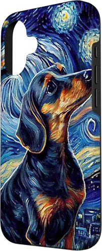 Vista 2 de Funda para iPhone 16 Starry Night Famoso Estilo de Pintura Dachshund
