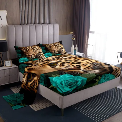 Vista 24 de Erosebridal Sábanas de cama de guepardo con rosa roja, juego de sábanas de bolsillo profundo con estampado de leopardo y gato, sábana bajera