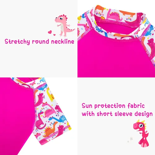 Vista 3 de Traje de baño de manga corta para niña, conjunto de 3 piezas, con sombrero UPF50+ protección solar
