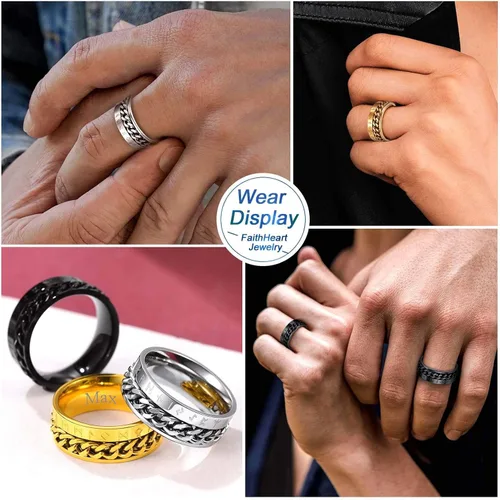 Vista 6 de FaithHeart Anillo giratorio nórdico vikingo con runas de acero inoxidable chapado en oro para hombres y mujeres, puede grabar personalizado