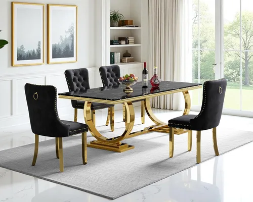 Vista 22 de Juego de mesa de comedor de mármol de 68.11 pulgadas para 4, moderna mesa de comedor de mármol sintético con 4 sillas de comedor de terciopelo