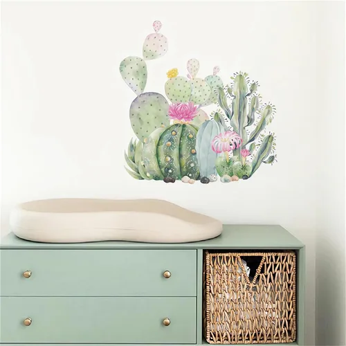 Vista 3 de Calcomanías de pared simples de cactus suculentas, calcomanías de pared de plantas verdes tropicales, calcomanías de pared extraíbles de vinilo