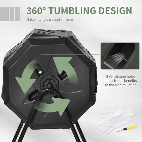 Vista 4 de Outsunny Cubo de compostaje giratorio para exteriores 360° de doble cámara, contenedor de compost de 43 galones, negro