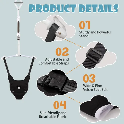 Vista 2 de Baby Jumper, Baby Jumper Doorway with Adjustable Strap, Easy to Assemble, with a Soft Rug (Grey) (Black)