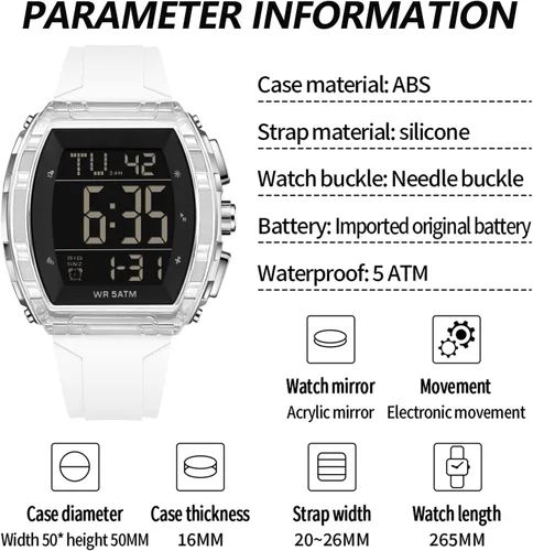 Vista 7 de findtime Digital Watch Tonneau Large Number Waterproof Watches for Men Women Alarm Stopwatch Countdown LED Unique Sports Wristwatch Shockproof Watch