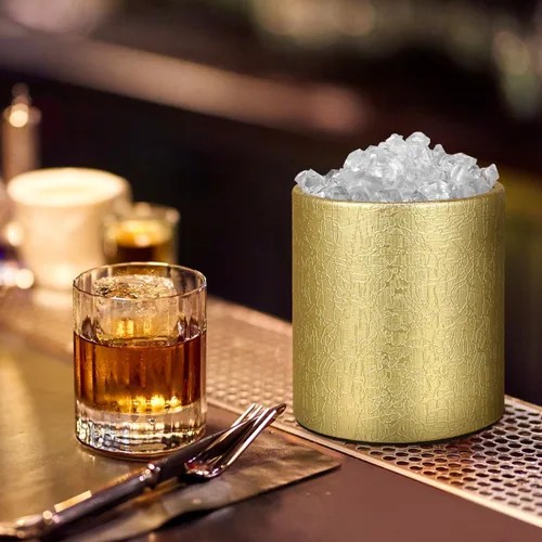 Vista 5 de Cubo de hielo con tapa, 2.8 L, doble pared de acero inoxidable que mantiene el frío durante más tiempo, cubo de hielo dorado aislado con pinza