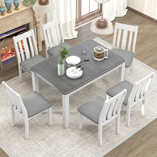 Vista 10 de Juego de mesa de comedor de madera de 7 piezas, mesa extensible multifuncional con hojas de 12 pulgadas y 2 cajones, 6 sillas de comedor con cojín