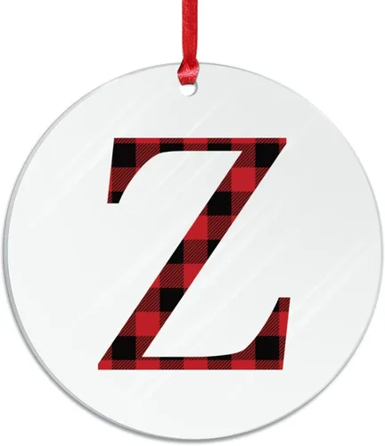 Vista 2 de Adorno colgante de Navidad, monograma personalizado, letra Z, recuerdo del árbol de Navidad, a cuadros, rojo y negro, adorno acrílico a cuadros