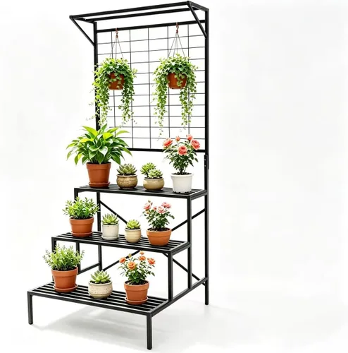Vista 13 de Zhongma - Soporte de planta de metal resistente de 2 niveles con ruedas