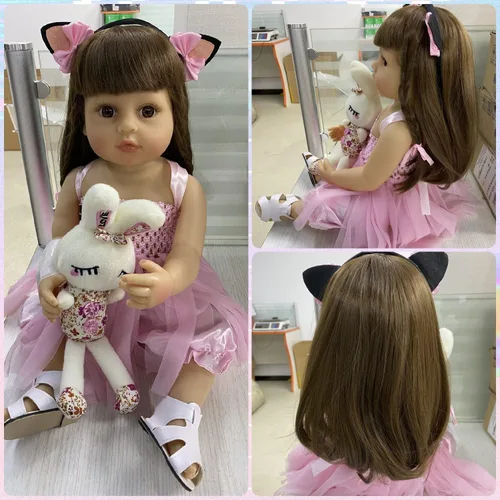 Vista 2 de Zero Pam Muñecas Reborn Baby Girl de pelo largo de 22 pulgadas, muñecas realistas Bebe de silicona de 21.7 in, muñecas Reborn de silicona de cuerpo