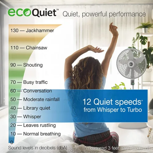 Vista 4 de Lasko EcoQuiet - Ventilador de pedestal oscilante con motor silencioso de corriente continua, 12 velocidades, temporizador de 8 horas, altura