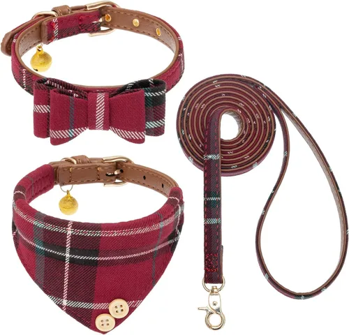 Vista 10 de KOOLTAIL Juego de collar y correa para perro pequeño con corbatín y campanas, lindo collar y correa para cachorros con patrón clásico a cuadros Beige
