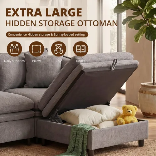 Vista 3 de Sofá modular modular de 113.4 pulgadas con otomana de almacenamiento Gris