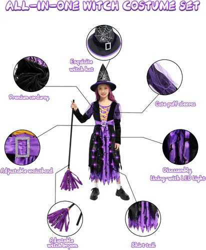 Vista 2 de Disfraz de bruja de Halloween para niñas, bruja malvada morada y negra con sombrero, falda de murciélagos iluminados