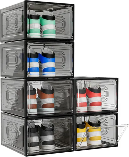 Vista 7 de caktraie Paquete de 10 organizadores de zapatos gruesos apilables, caja de almacenamiento de zapatos resistente mejorada con puerta magnética, Negro