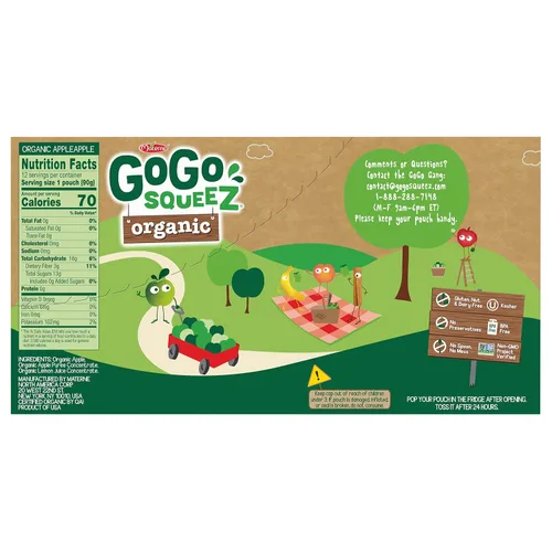 Vista 2 de GoGo squeeZ Puré de manzana orgánico y puré de fruta, manzana, 3.2 oz (paquete de 12), bocadillos de fruta orgánicos sin azúcar para niños, sin