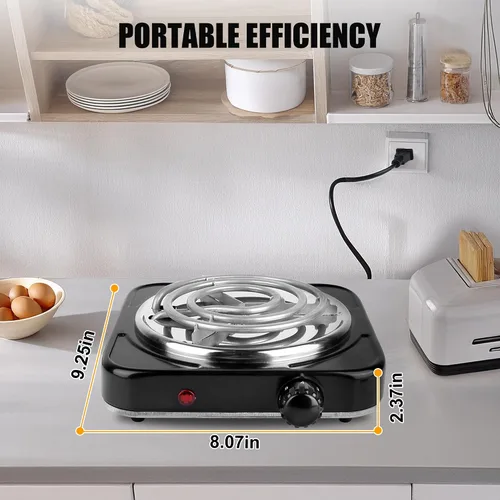 Vista 2 de TeqHome Placa Caliente, Quemador Portátil de Encimera de 1000W y Estufa Eléctrica, Placa de Cocción de Un Solo Quemador de Hierro Fundido con 5