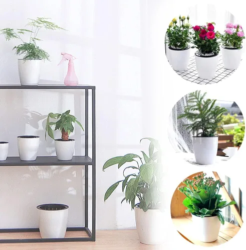 Vista 5 de Haawooky Juego de 12 macetas de riego automático de plástico, maceta de flores de plástico de 4 pulgadas con maceta interior, maceta de riego