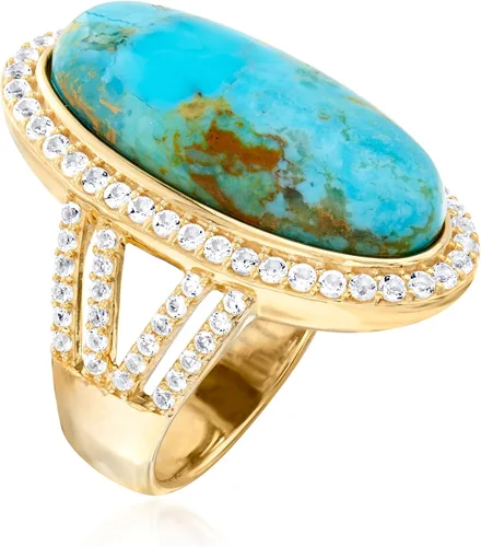 Vista 3 de Ross-Simons Kingman Turquoise and 1.30 ct. t.w. White Topaz Ring in 18kt Gold Over Sterling