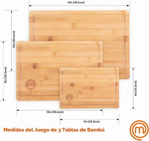 Vista 6 de MasterChef Tablas de cortar de bambú para cocina, juego de 3 tablas de cortar de madera, superficie natural, orgánica y segura para alimentos
