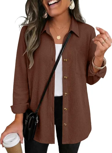 Vista 17 de Zeagoo Camisa de punto gofre para mujer, con botones, manga larga, con 01-albaricoque