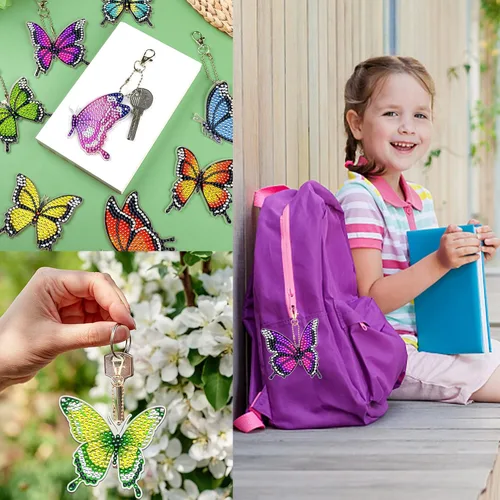 Vista 6 de Juego de 10 llaveros de pintura de diamante de mariposa de doble cara, llaveros artísticos de diamantes 5D para colgar adornos de diamantes