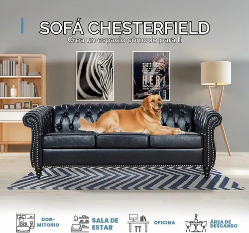 Vista 7 de Chesterfield Sofás para sala de estar, brazo enrollado negro de 3 plazas, cuero sintético de 84 pulgadas, sofá grande con botón profundo con cabeza