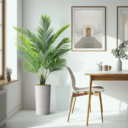 Vista 6 de Árbol artificial en espiral de línea geométrica con formas abstractas, palmera tropical areca artificial de seda para decoración del hogar