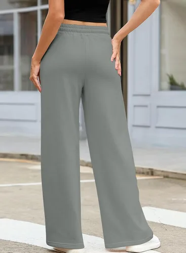 Vista 2 de Aleumdr Pantalones deportivos de cintura alta con cordón y pierna ancha con bolsillos, pantalones de yoga sueltos casuales para mujer
