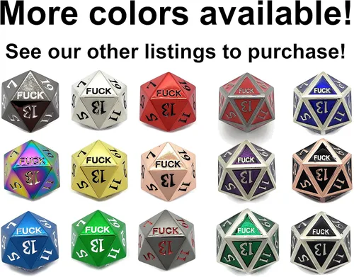 Vista 2 de Juego de dados de metal D20 Fuck Critical Fail F de 20 caras DND Negro Gunmetal Número de color para juegos de rol Dungeons and Dragons D&D