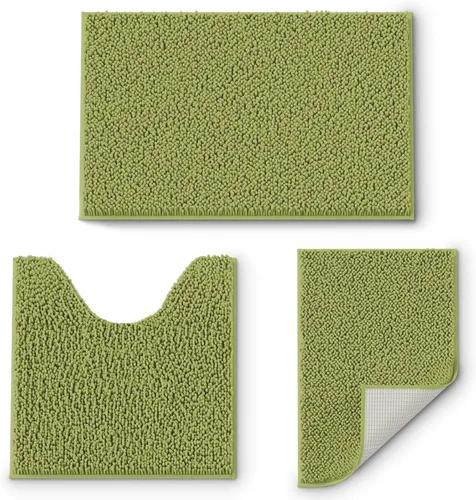 Vista 10 de Juego de 3 tapetes de baño de felpilla, antideslizantes, ultra suaves, absorbentes con forma de U para inodoro, baño, bañera, ducha, color verde
