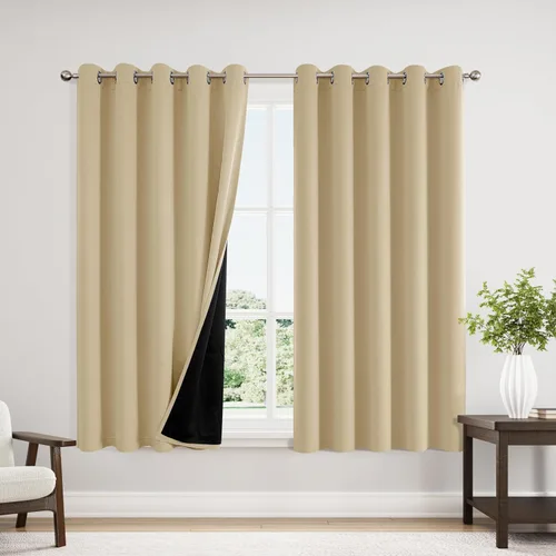 Vista 67 de ChrisDowa Cortinas 100% opacas de 63 pulgadas de largo para dormitorio con forro negro, 2 capas gruesas totalmente opacas con aislamiento térmico