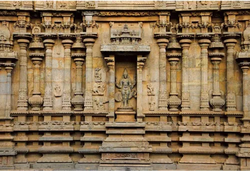 Vista 4 de AOFOTO Telón de fondo tallado de templo hindú de 5 x 4 pies de Thanjavur, antiguas columnas de templo Brihadishvara, ídolos tallados en fondo