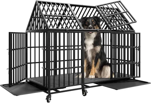 Vista 8 de Jaula indestructible para perros de 44 pulgadas, resistente a escapes, con techo puntiagudo para perros grandes y medianos de alta ansiedad, jaula