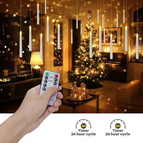 Vista 4 de PChero - Velas flotantes con temporizador remoto, paquete de 6 de 7.9 pulgadas, velas cónicas LED suspendidas que funcionan con pilas, candelabros 6