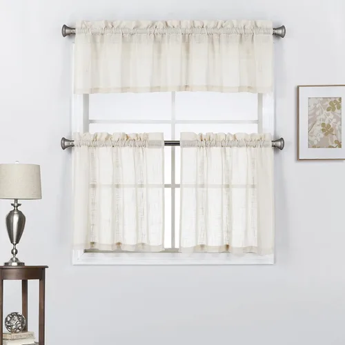 Vista 17 de Juego de 3 cortinas de lino con textura para ventana de cocina y cafetería, 24 pulgadas de largo, color negro