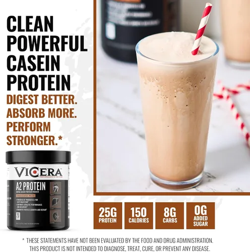 Vista 2 de VICERA A2 Polvo de Proteína, Leche de Chocolate, 25 G de Proteína por Porción, Mezcla Orgánica de A2/A2 de Suero y Caseína con Probióticos y Sal