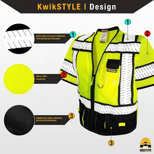 Vista 2 de KwikSafety - Chaleco de seguridad SHERIFF & SPECIALIST [Bolsillos de uso múltiple] Chaleco reflectante Clase 2 ANSI OSHA para hombres Negro (mangas)