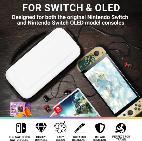 Vista 3 de Orzly Funda de transporte para consola blanca Nintendo Switch OLED con compartimento de almacenamiento de accesorios y juegos, funda fácil