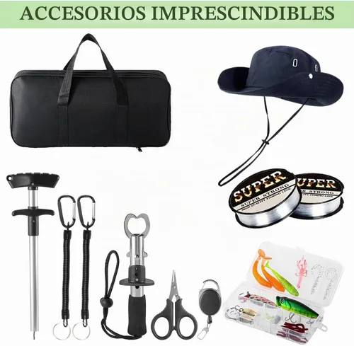 Vista 6 de Kit de caña de pescar Tripquips, juego de cañas telescópicas de 2.1m, juego de 2 cañas plegables con carretes giratorios y bolsa de transporte, kits