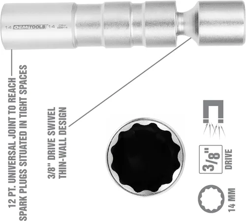 Vista 6 de OEMTOOLS 22814 BMW Spark Plug Socket, 14 mm x 12 Point Universal Spark Plug Socket, 3/8 Inch Drive Swivel Thin Wall Design, Chrome Moly Steel, Plug
