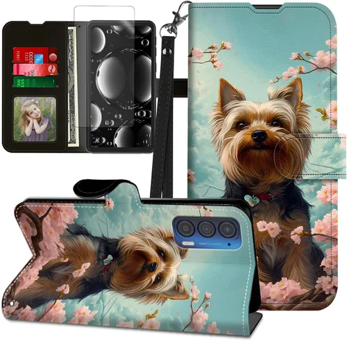Vista 311 de Funda para Motorola Edge 2022 con protector de pantalla, soporte y tarjetero y correa para la muñeca, funda magnética para Moto Edge 2022 5G UW Lobo