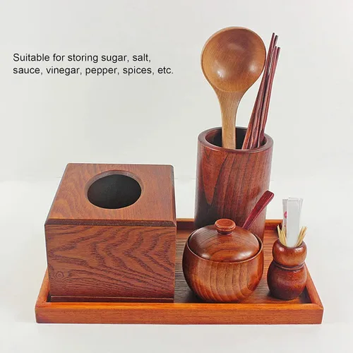 Vista 2 de Olla de especias de madera, bodega de sal de madera natural con tapa y cuchara, contenedor de azúcar, tarro de especias vintage, recipiente
