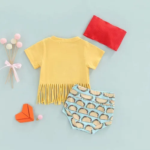 Vista 6 de Traje de verano para bebé niña pequeña camiseta de manga corta con borlas camiseta corta pantalones cortos de burbujas para vacaciones