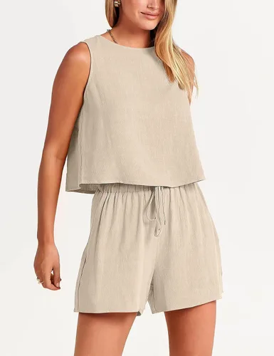 Vista 6 de GIVNUAN Conjunto de 2 piezas de lino con cuello cuadrado para mujer, conjunto de pantalones cortos a juego para la playa, verano 2023 a la moda