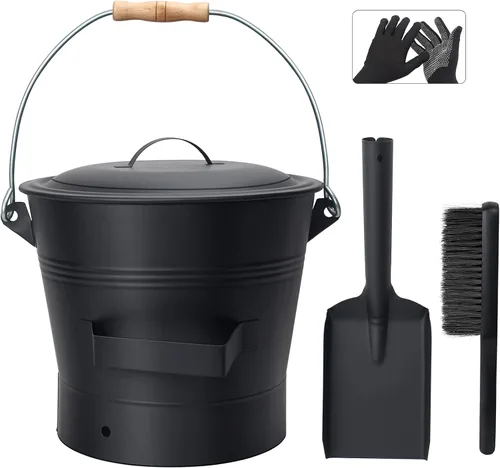 Vista 9 de BRIAN & DANY Mini cubo de cenizas con tapa y pala, cubo de chimenea de 1.2 galones con escoba, perfecto para chimeneas, estufas de leña