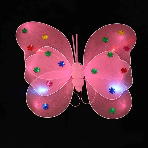 Vista 6 de Unsutuo Alas de hada de mariposa iluminadas, alas de Halloween, alas LED, conjunto de disfraz de mariposa, accesorios para niñas (rosa)