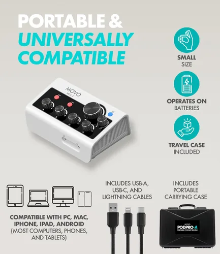 Vista 3 de Movo Paquete portátil de equipo de podcast para iPhone/teléfonos Android - Kit de podcast con interfaz de audio, 2 micrófonos dinámicos CastMic, 2